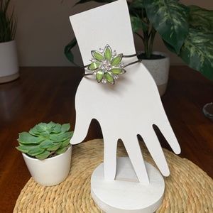 Shimmering Green and Crystal Hinged Flower Cuff, Bangle Bracelet.